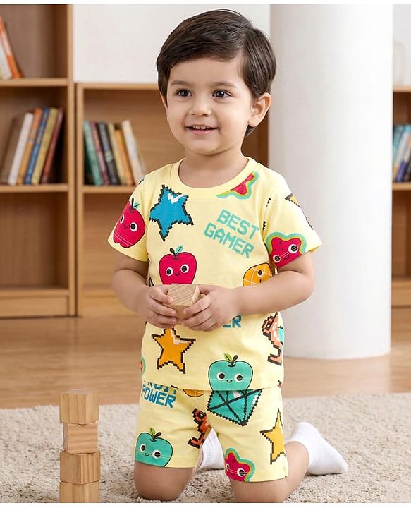 Babyhug Cotton Knit Half Sleeves T-Shirt & Shorts Co-ord Night Suit With Fruit Print - Yellow