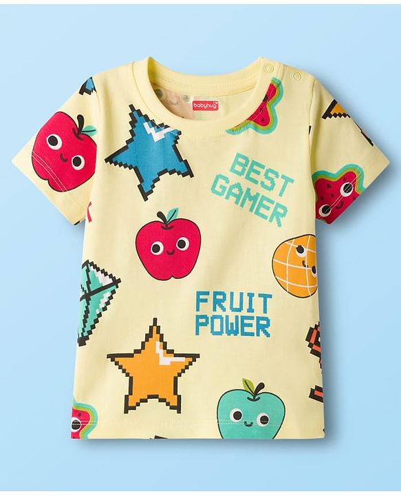 Babyhug Cotton Knit Half Sleeves T-Shirt & Shorts Co-ord Night Suit With Fruit Print - Yellow
