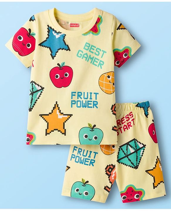 Babyhug Cotton Knit Half Sleeves T-Shirt & Shorts Co-ord Night Suit With Fruit Print - Yellow
