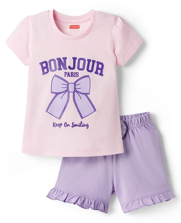Babyhug Cotton Knit Half Sleeves Text Printed T-Shirt & Shorts Night Suit - Pink