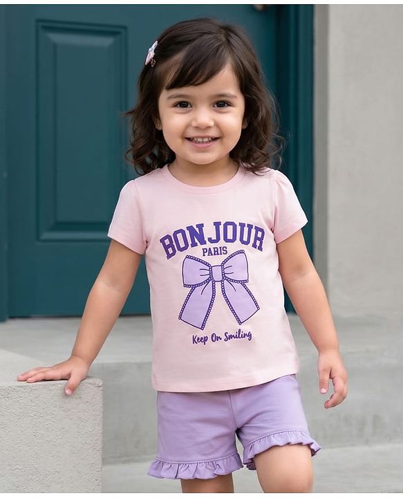 Babyhug Cotton Knit Half Sleeves Text Printed T-Shirt & Shorts Night Suit - Pink