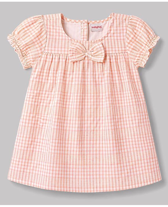 Babyhug Cotton Woven Half Sleeves Checked Frock With Bloomer & Headband - Pink