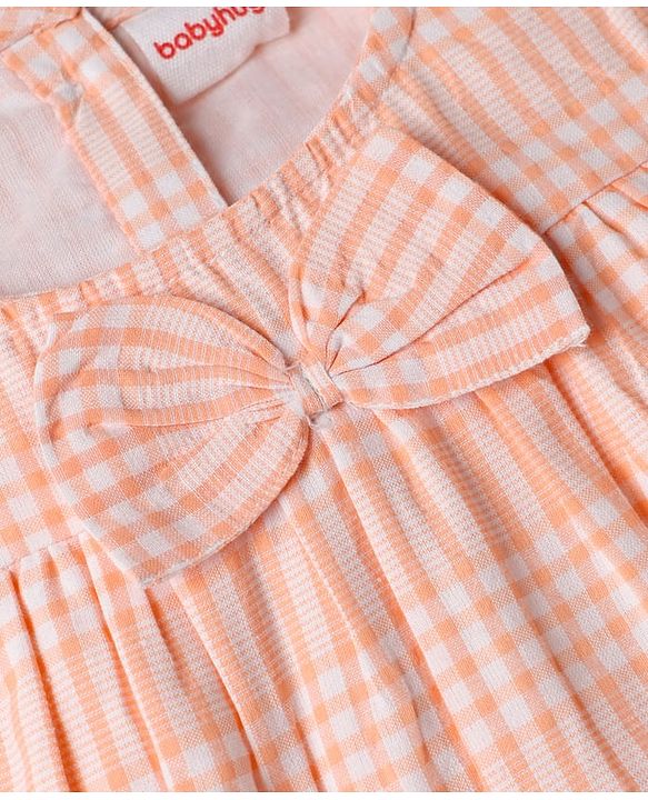 Babyhug Cotton Woven Half Sleeves Checked Frock With Bloomer & Headband - Pink
