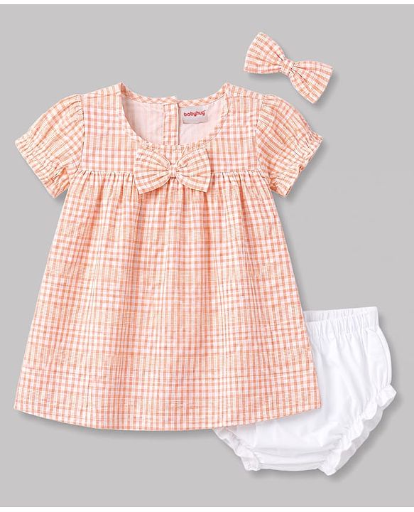 Babyhug Cotton Woven Half Sleeves Checked Frock With Bloomer & Headband - Pink