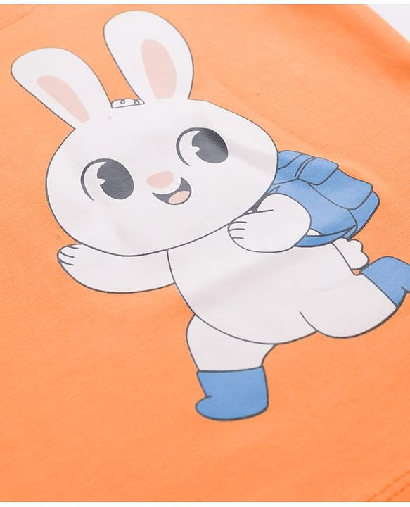 Babyhug Cotton Knit Half Sleeves T-Shirt & Shorts Night Suit with Bunny Print - Orange