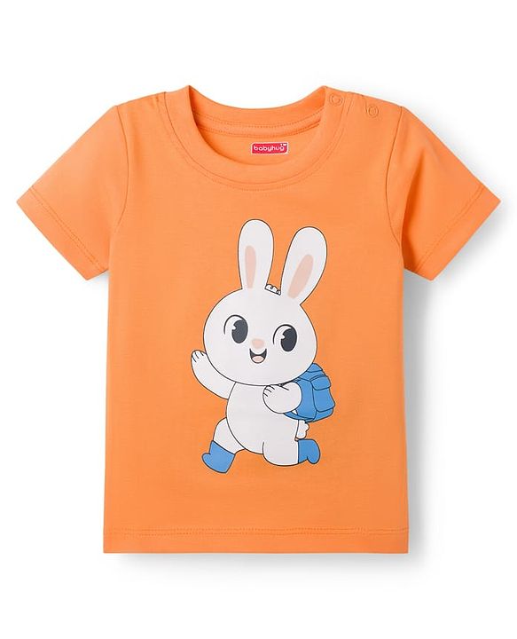 Babyhug Cotton Knit Half Sleeves T-Shirt & Shorts Night Suit with Bunny Print - Orange
