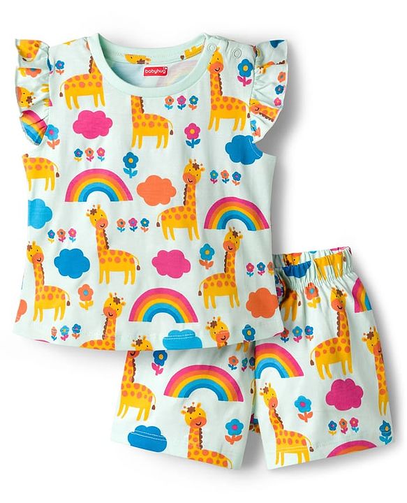 Babyhug Cotton Knit Frill Sleeves Co-ords T-Shirt & Shorts Night Suit with Jungle Theme Print - Light Blue