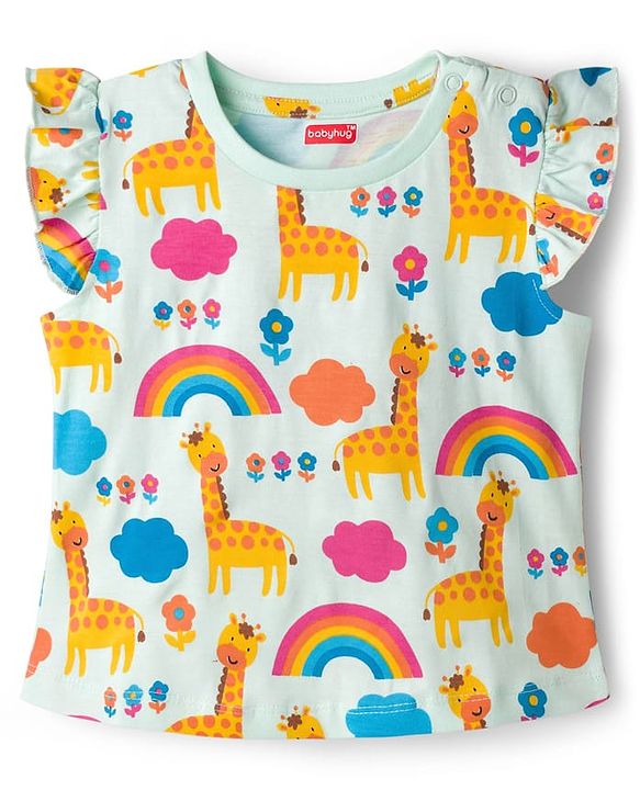 Babyhug Cotton Knit Frill Sleeves Co-ords T-Shirt & Shorts Night Suit with Jungle Theme Print - Light Blue