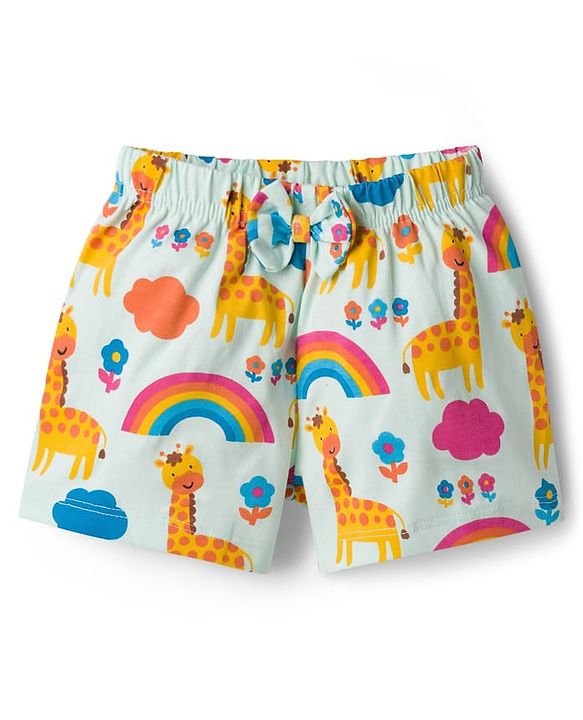 Babyhug Cotton Knit Frill Sleeves Co-ords T-Shirt & Shorts Night Suit with Jungle Theme Print - Light Blue