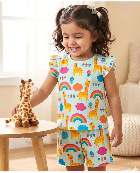Babyhug Cotton Knit Frill Sleeves Co-ords T-Shirt & Shorts Night Suit with Jungle Theme Print - Light Blue