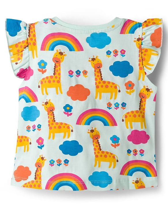 Babyhug Cotton Knit Frill Sleeves Co-ords T-Shirt & Shorts Night Suit with Jungle Theme Print - Light Blue