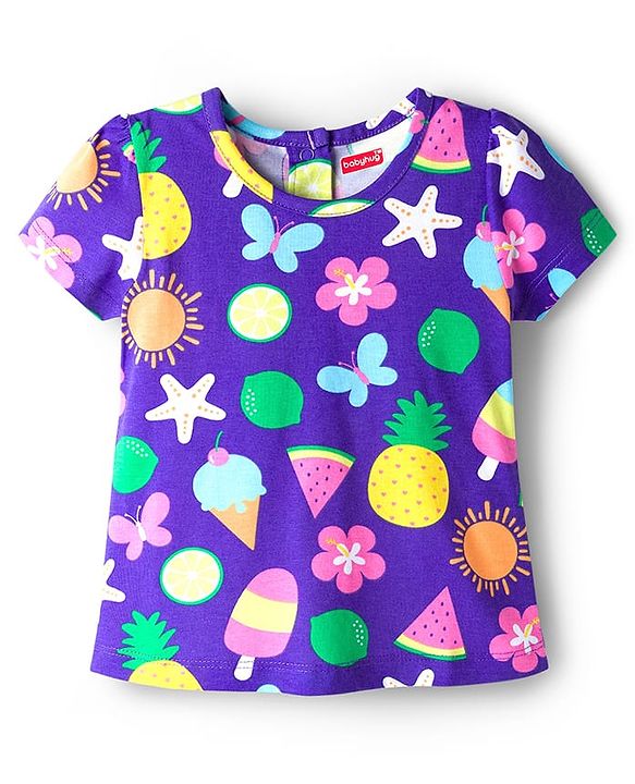 Babyhug Cotton Knit Half Sleeves Tropical Theme Printed Co-Ords T-Shirt & Shorts Night Suit - Purple