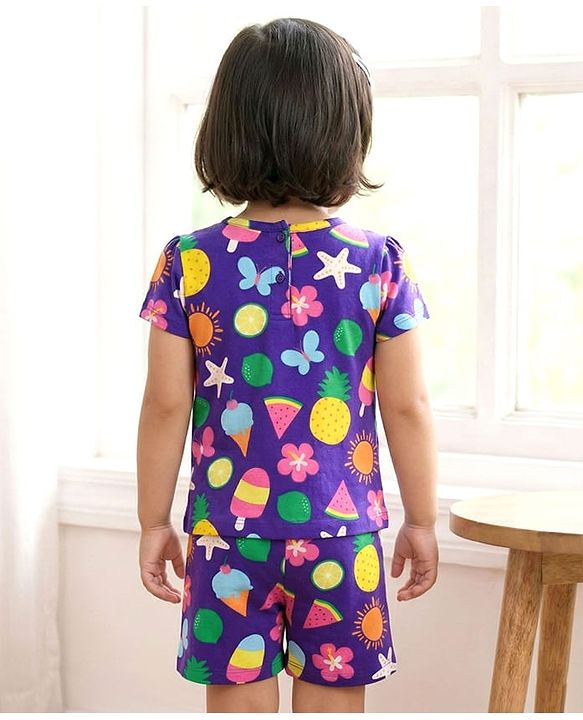 Babyhug Cotton Knit Half Sleeves Tropical Theme Printed Co-Ords T-Shirt & Shorts Night Suit - Purple