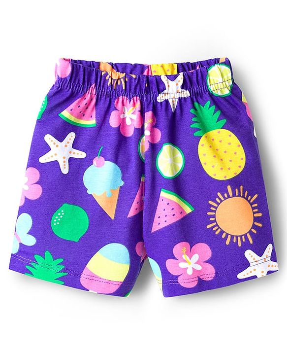 Babyhug Cotton Knit Half Sleeves Tropical Theme Printed Co-Ords T-Shirt & Shorts Night Suit - Purple