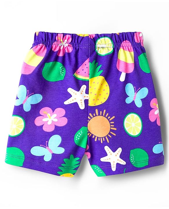 Babyhug Cotton Knit Half Sleeves Tropical Theme Printed Co-Ords T-Shirt & Shorts Night Suit - Purple