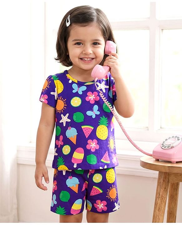Babyhug Cotton Knit Half Sleeves Tropical Theme Printed Co-Ords T-Shirt & Shorts Night Suit - Purple