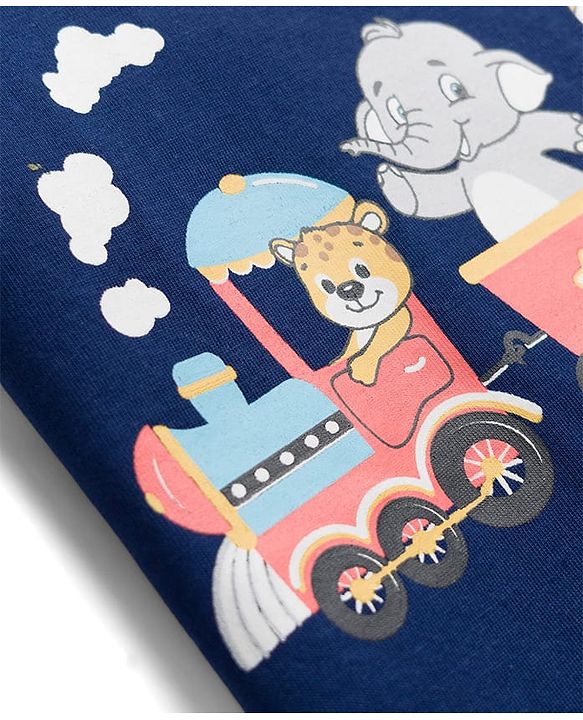 Babyhug Cotton Knit Half Sleeves T-Shirt & Shorts Night Suit With Animal Print - Navy Blue