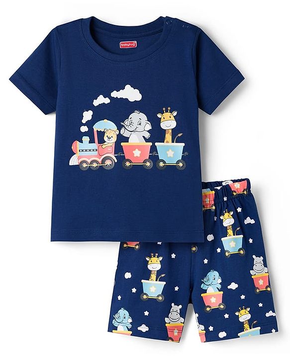 Babyhug Cotton Knit Half Sleeves T-Shirt & Shorts Night Suit With Animal Print - Navy Blue