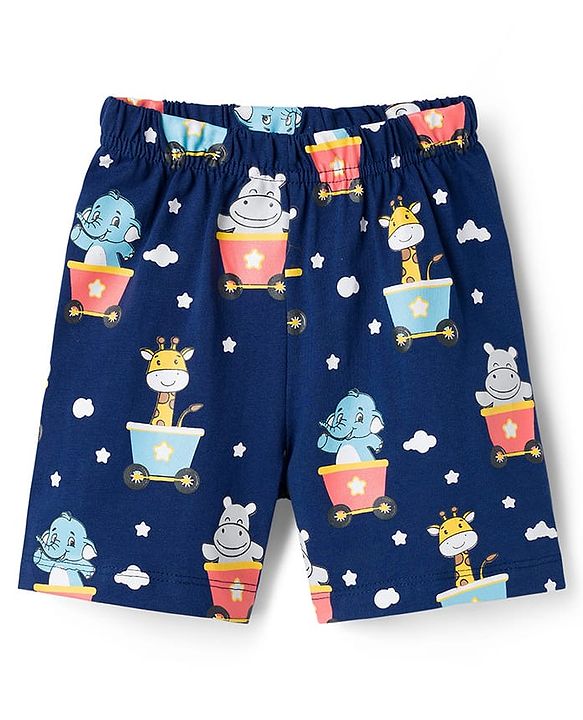 Babyhug Cotton Knit Half Sleeves T-Shirt & Shorts Night Suit With Animal Print - Navy Blue