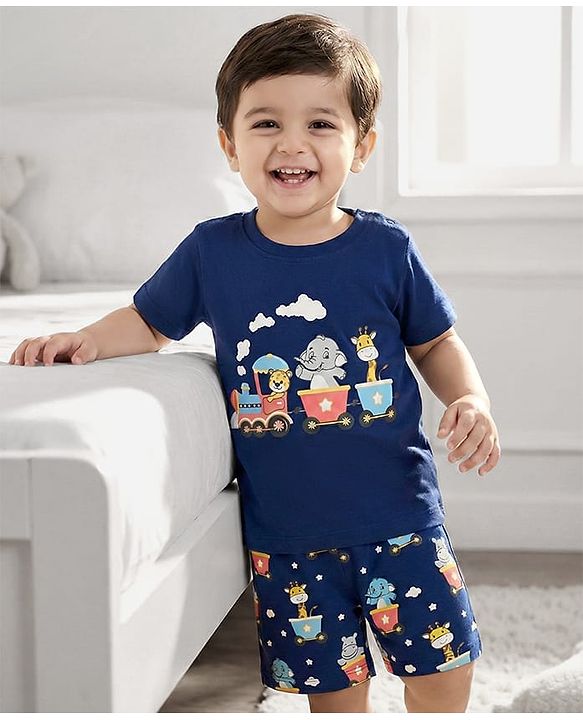 Babyhug Cotton Knit Half Sleeves T-Shirt & Shorts Night Suit With Animal Print - Navy Blue