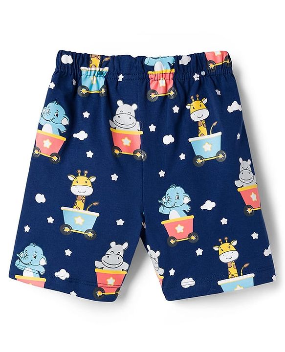 Babyhug Cotton Knit Half Sleeves T-Shirt & Shorts Night Suit With Animal Print - Navy Blue