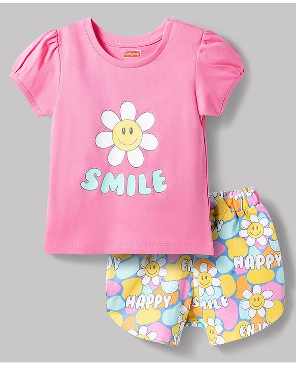 Babyhug Cotton Knit Half Sleeves T-Shirt & Shorts Night Suit with Smile Print - Pink