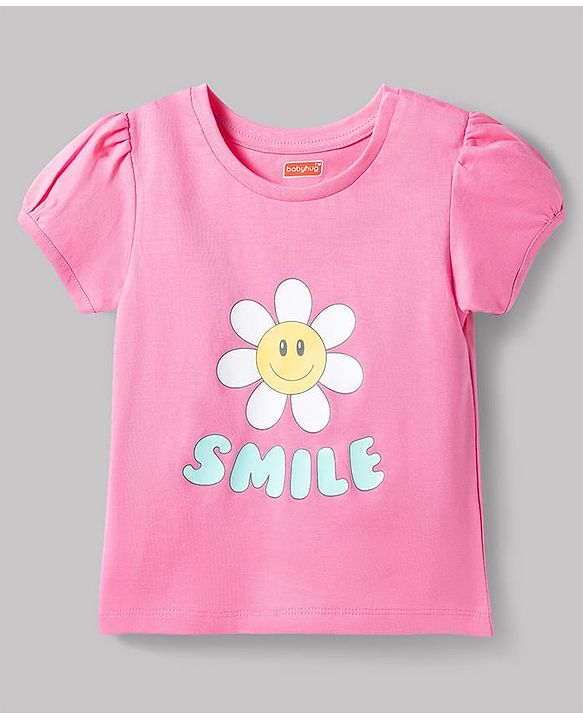 Babyhug Cotton Knit Half Sleeves T-Shirt & Shorts Night Suit with Smile Print - Pink