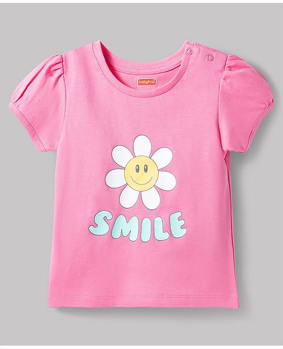 Babyhug Cotton Knit Half Sleeves T-Shirt & Shorts Night Suit with Smile Print - Pink