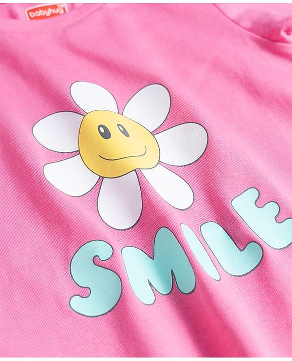 Babyhug Cotton Knit Half Sleeves T-Shirt & Shorts Night Suit with Smile Print - Pink