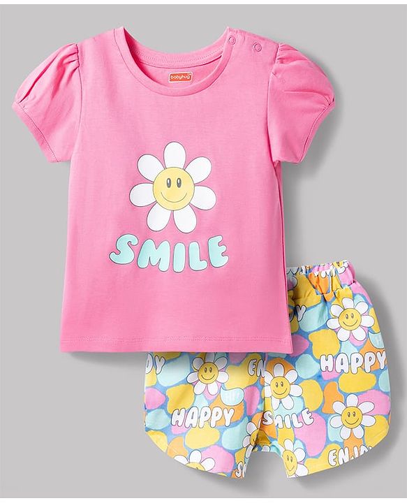 Babyhug Cotton Knit Half Sleeves T-Shirt & Shorts Night Suit with Smile Print - Pink