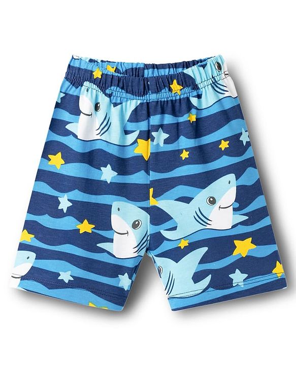 Babyhug Cotton Knit Half Sleeves T-Shirt & Shorts Co-ord Night Suit With Shark Print - Navy Blue
