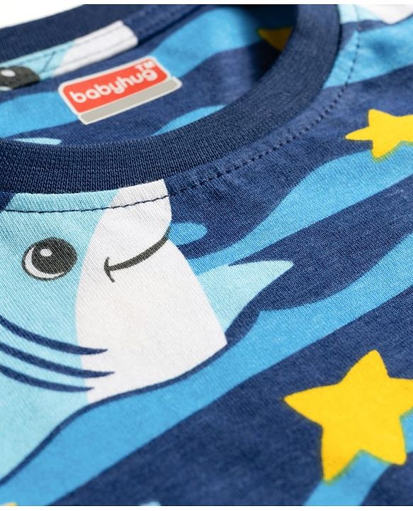 Babyhug Cotton Knit Half Sleeves T-Shirt & Shorts Co-ord Night Suit With Shark Print - Navy Blue