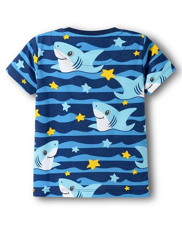 Babyhug Cotton Knit Half Sleeves T-Shirt & Shorts Co-ord Night Suit With Shark Print - Navy Blue