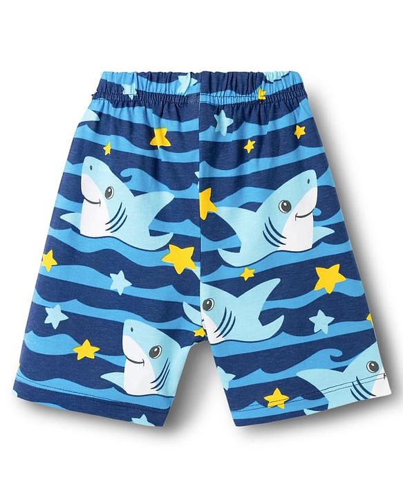Babyhug Cotton Knit Half Sleeves T-Shirt & Shorts Co-ord Night Suit With Shark Print - Navy Blue