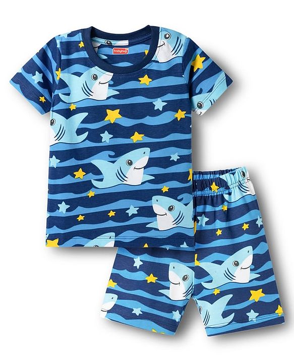 Babyhug Cotton Knit Half Sleeves T-Shirt & Shorts Co-ord Night Suit With Shark Print - Navy Blue