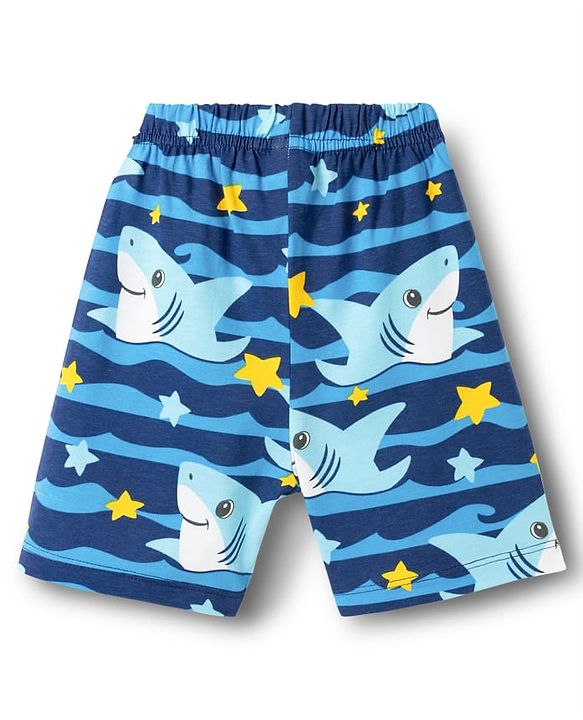 Babyhug Cotton Knit Half Sleeves T-Shirt & Shorts Co-ord Night Suit With Shark Print - Navy Blue