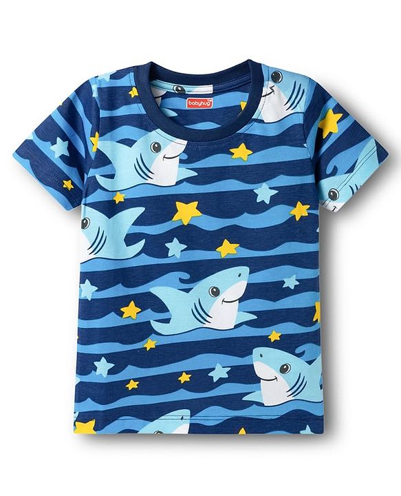 Babyhug Cotton Knit Half Sleeves T-Shirt & Shorts Co-ord Night Suit With Shark Print - Navy Blue