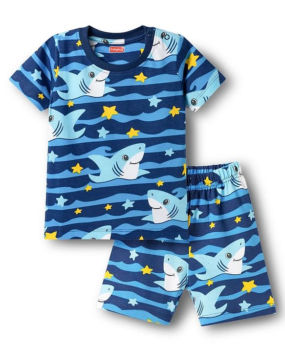 Babyhug Cotton Knit Half Sleeves T-Shirt & Shorts Co-ord Night Suit With Shark Print - Navy Blue
