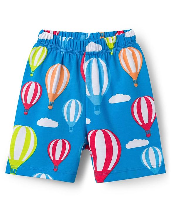 Babyhug Cotton Knit Half Sleeves Co-ords T-Shirt & Shorts Night Suit with Hot Air Balloon Print - Light Blue