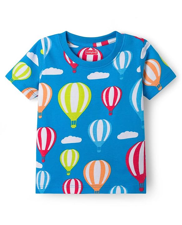 Babyhug Cotton Knit Half Sleeves Co-ords T-Shirt & Shorts Night Suit with Hot Air Balloon Print - Light Blue