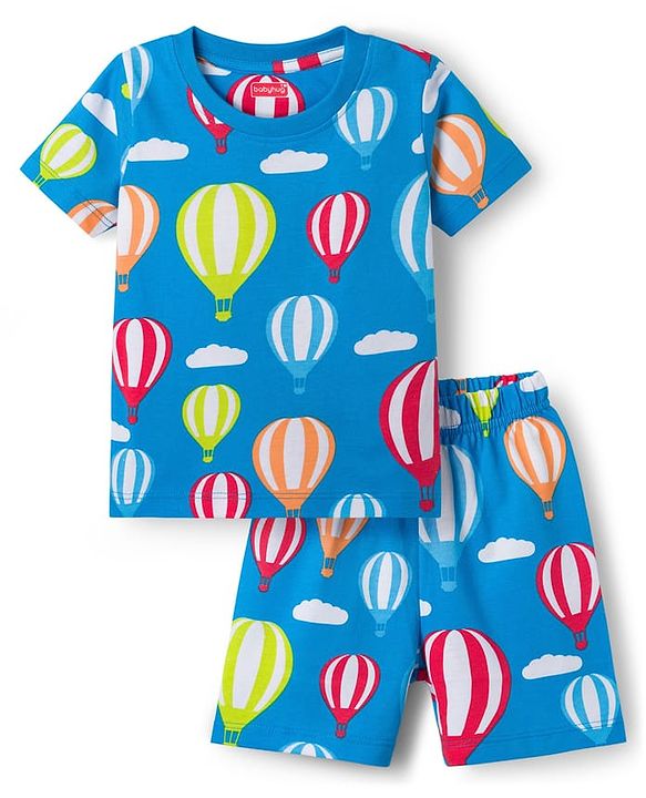 Babyhug Cotton Knit Half Sleeves Co-ords T-Shirt & Shorts Night Suit with Hot Air Balloon Print - Light Blue
