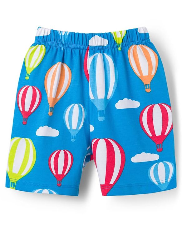 Babyhug Cotton Knit Half Sleeves Co-ords T-Shirt & Shorts Night Suit with Hot Air Balloon Print - Light Blue