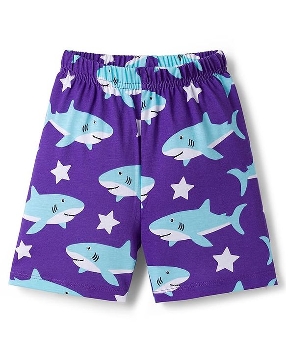 Babyhug Cotton Knit Half Sleeves T-Shirt & Shorts Co-ord Night Suit With Shark Print - Purple