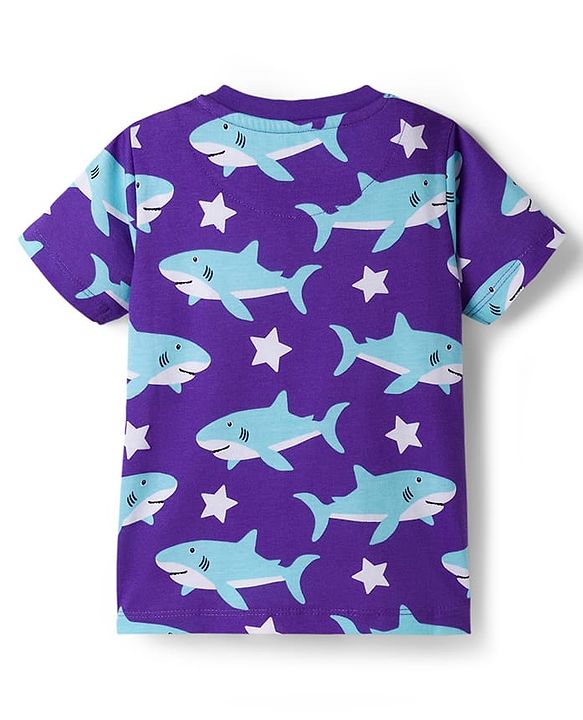 Babyhug Cotton Knit Half Sleeves T-Shirt & Shorts Co-ord Night Suit With Shark Print - Purple