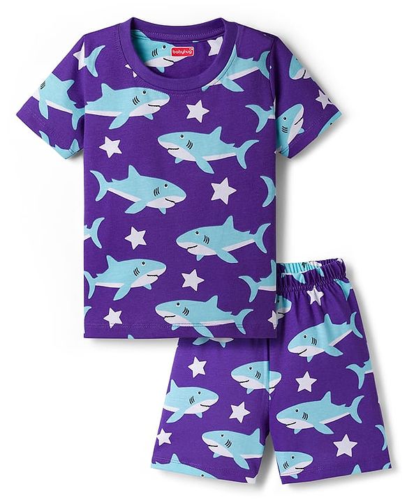 Babyhug Cotton Knit Half Sleeves T-Shirt & Shorts Co-ord Night Suit With Shark Print - Purple