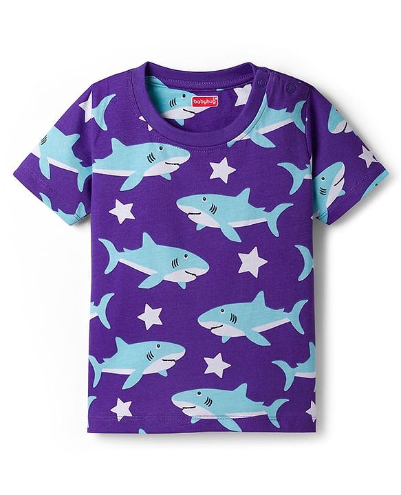 Babyhug Cotton Knit Half Sleeves T-Shirt & Shorts Co-ord Night Suit With Shark Print - Purple