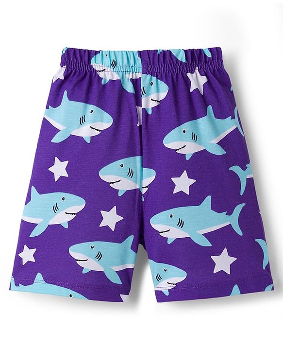 Babyhug Cotton Knit Half Sleeves T-Shirt & Shorts Co-ord Night Suit With Shark Print - Purple