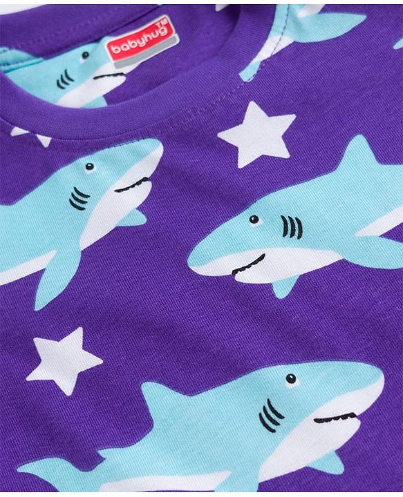 Babyhug Cotton Knit Half Sleeves T-Shirt & Shorts Co-ord Night Suit With Shark Print - Purple