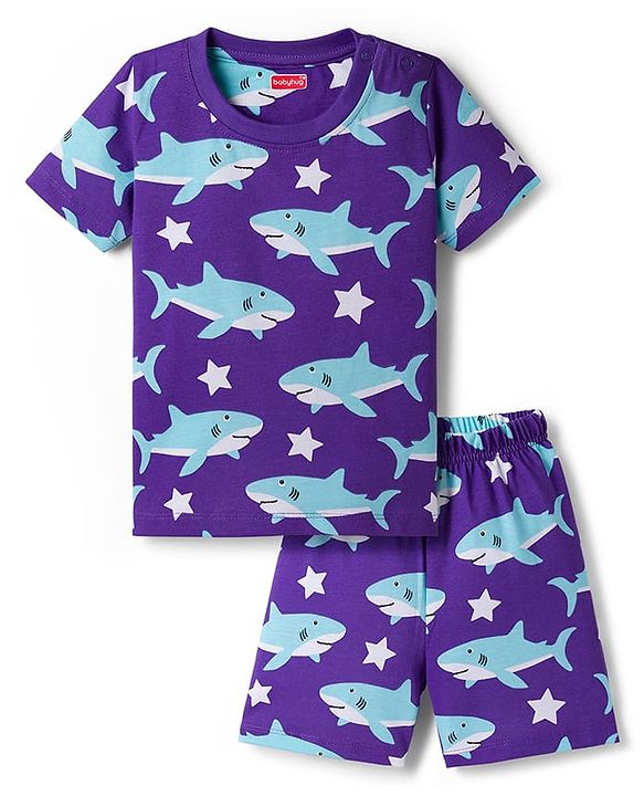 Babyhug Cotton Knit Half Sleeves T-Shirt & Shorts Co-ord Night Suit With Shark Print - Purple