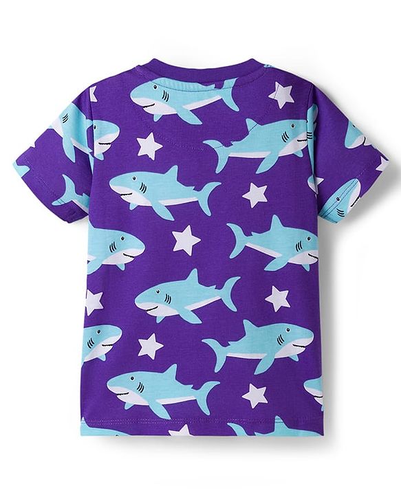 Babyhug Cotton Knit Half Sleeves T-Shirt & Shorts Co-ord Night Suit With Shark Print - Purple